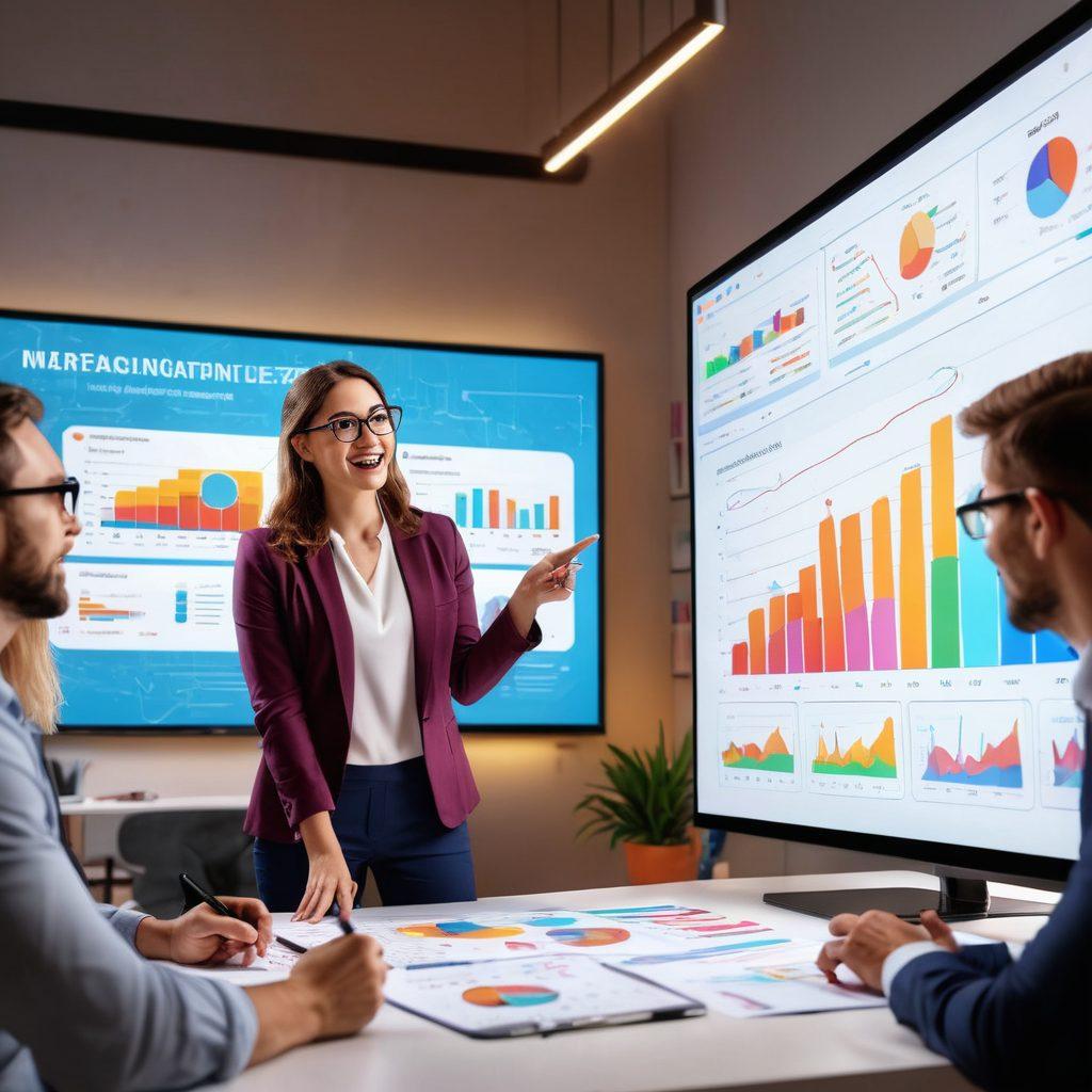 A digital marketing expert with a confident smile, presenting strategies on a large screen filled with engaging graphs and audience engagement statistics. In the background, a diverse group of captivated individuals taking notes and reacting with enthusiasm. Bright lights and colors reflecting excitement and energy in a modern workspace setting. super-realistic. vibrant colors. 3D.