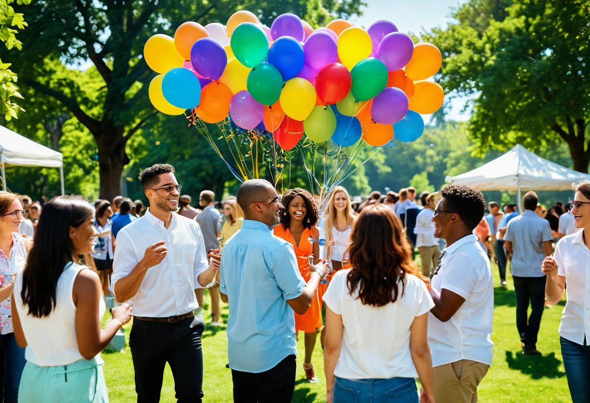 A lively scene depicting diverse individuals joyfully engaging in a vibrant outdoor networking event, with colorful balloons and banners celebrating connections. Show people exchanging ideas and laughter in a sunlit park filled with greenery, symbolizing elation and togetherness. Include elements like smiling faces, handshakes, and playful interactions. bright colors. festive atmosphere. super-realistic.