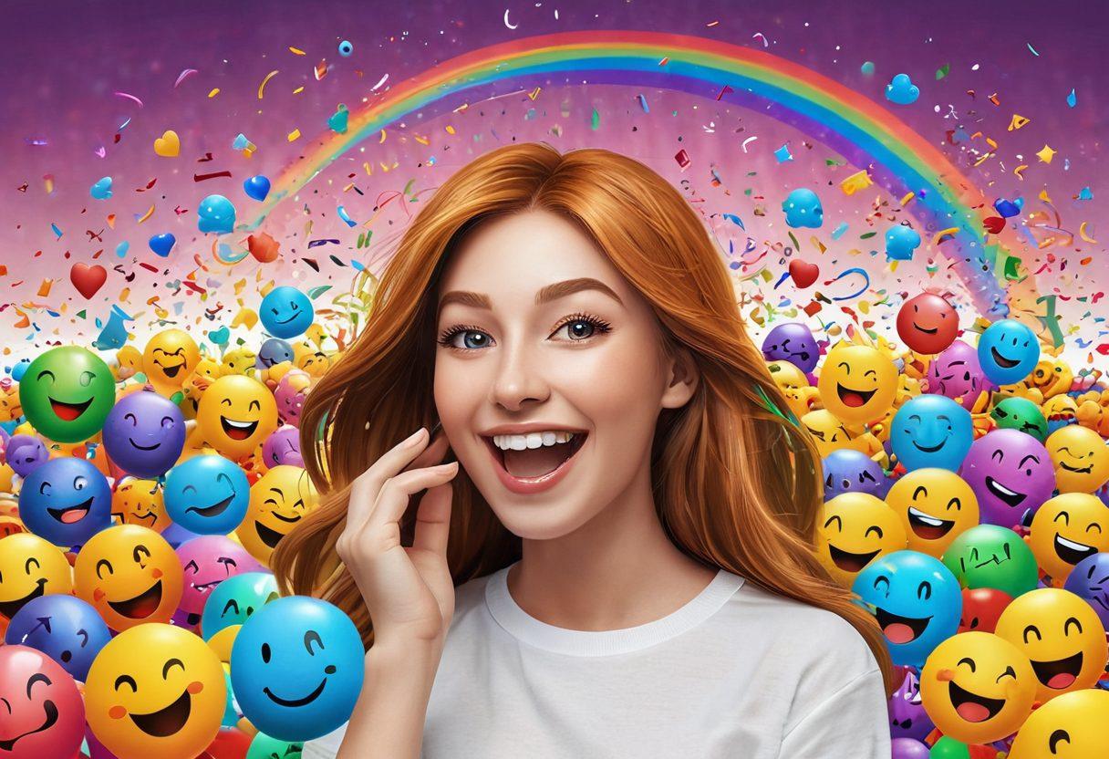 A vibrant digital landscape filled with joyful emojis, colorful confetti, and sparkling lights, depicting an ecstatic character interacting with a lively online platform. Incorporate elements like social media icons with whimsical designs, engaging content flowing around, and an atmosphere of celebration. The character should be radiating happiness, surrounded by a rainbow of colors. super-realistic. vibrant colors. white background.